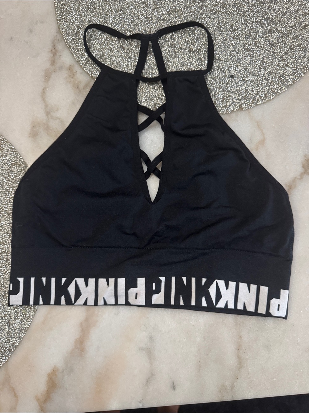 PINK Victoria's Secret Black Crisscross High Neck Sports Bralette